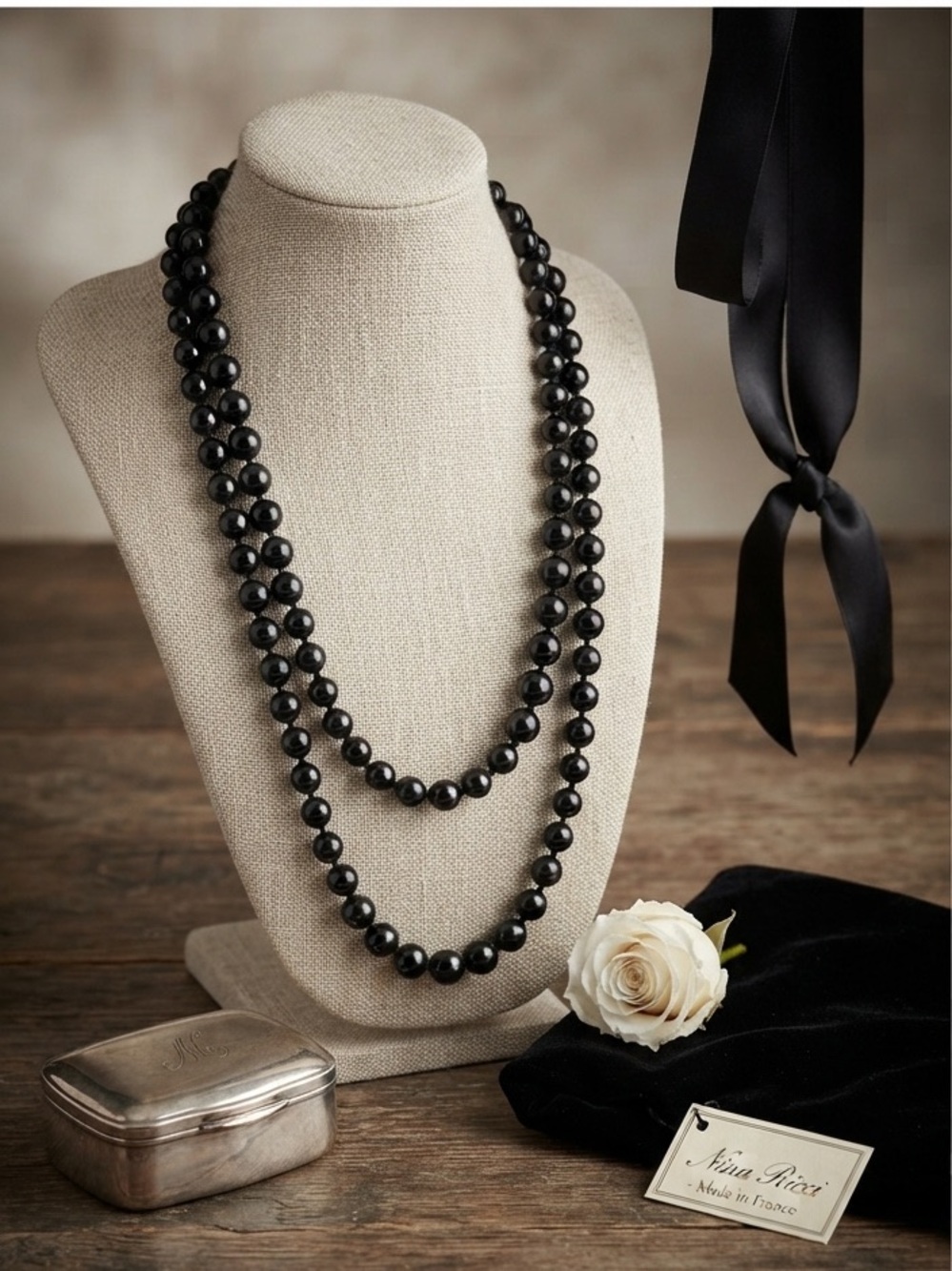 Nina Ricci "Ricci Ricci" Black Bead & Satin Ribbon Necklace - Designer Statement